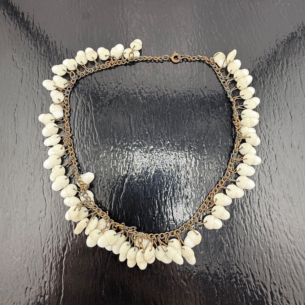 Vintage Beaded Fringe Necklace Milk Glass Acorns Fall Antique 16” READ